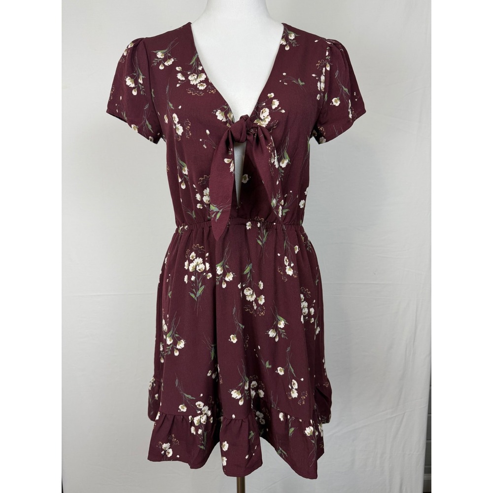 CAGE Floral Mini Dress Women's front tie Small Burgundy Ruffle Hem Spring Flower
